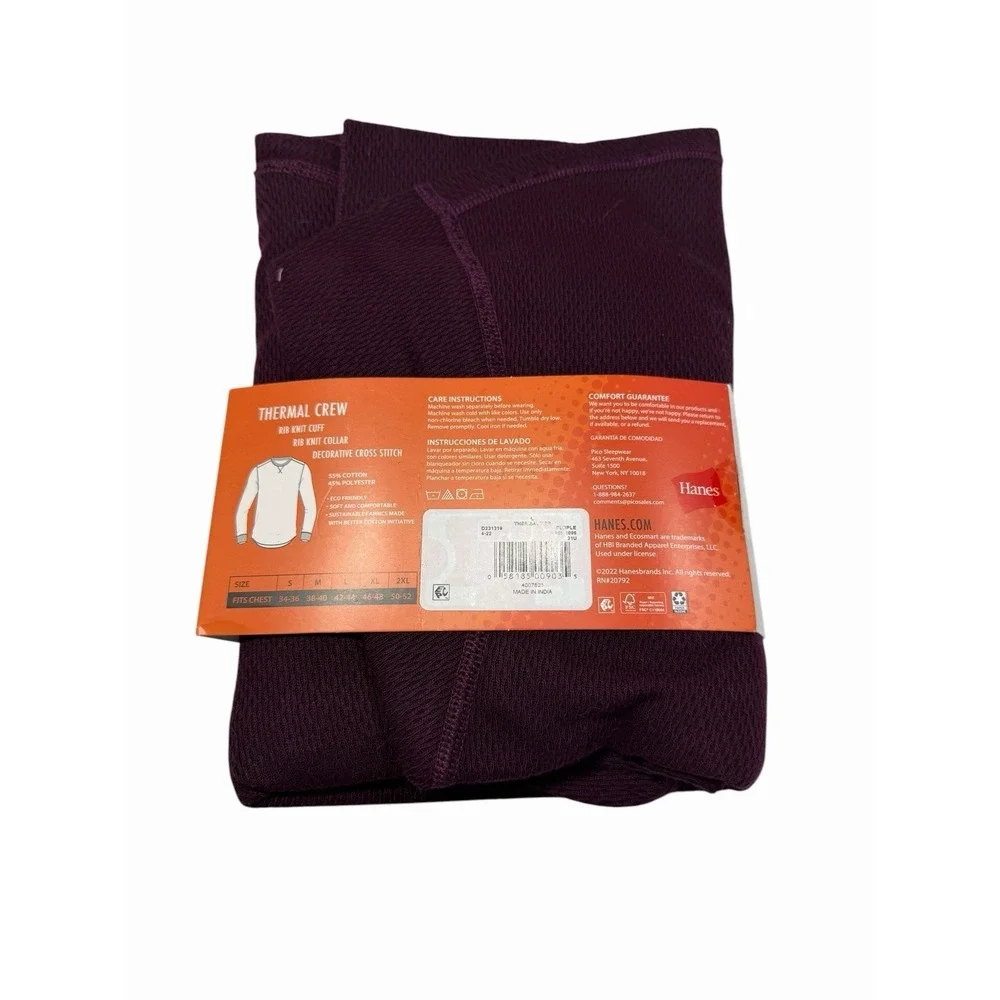 hanes mens purple long sleeve reversible thermal crew shirt size large
